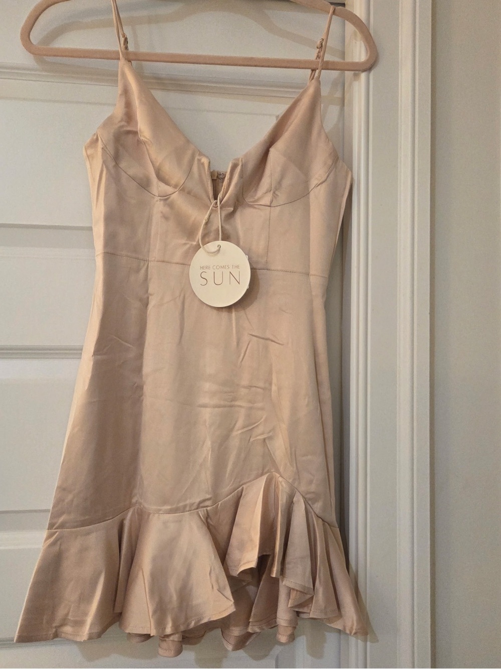 Here Comes The Sun Satin Ruffle Mini Dress — Nude